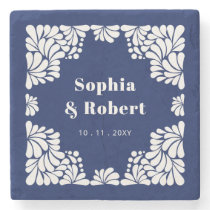 Mexican Navy Blue Talavera Wedding Stone Coaster