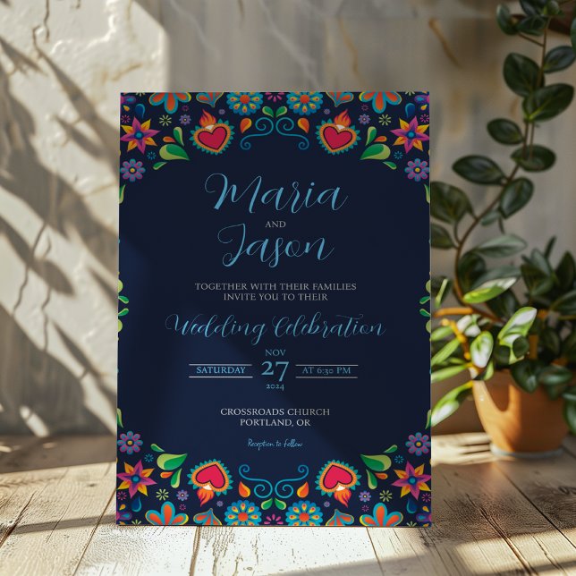 Mexican Navy Blue Vintage Folkloric Floral Wedding Invitation (Mexican Navy Blue Vintage Folkloric Floral Wedding Invitation)