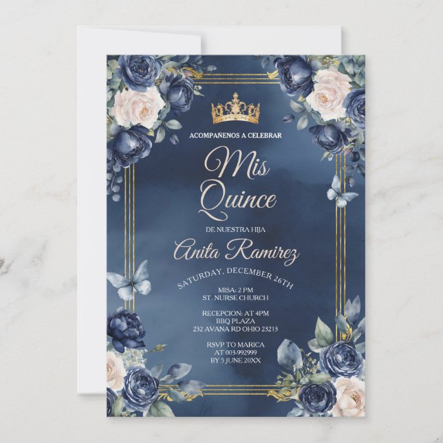 Mexican Navy Blue & White Roses Girl Quinceañera Invitation (Front)