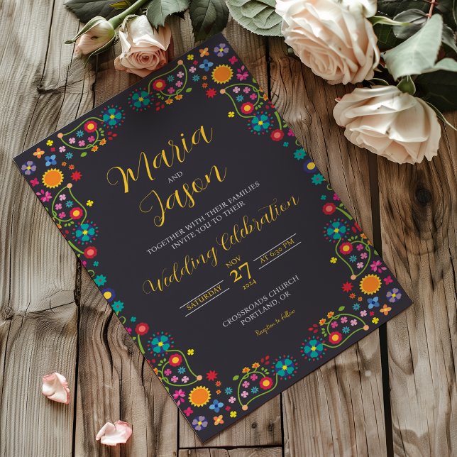 Mexican Navy Floral Aesthetic Folk Art Wedding Invitation (Mexican Navy Floral Aesthetic Folk Art Wedding Invitation)