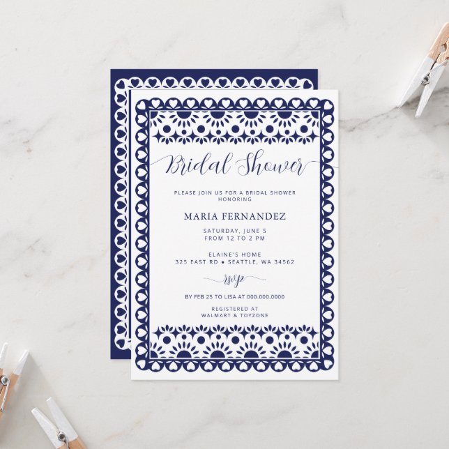 Mexican Navy Papel Picado Boho Bridal Shower Invitation (Front/Back In Situ)