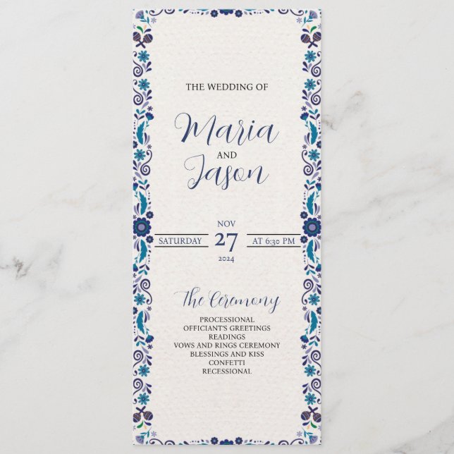 Mexican Navy White Floral Elegant Classic Wedding Program (Front)