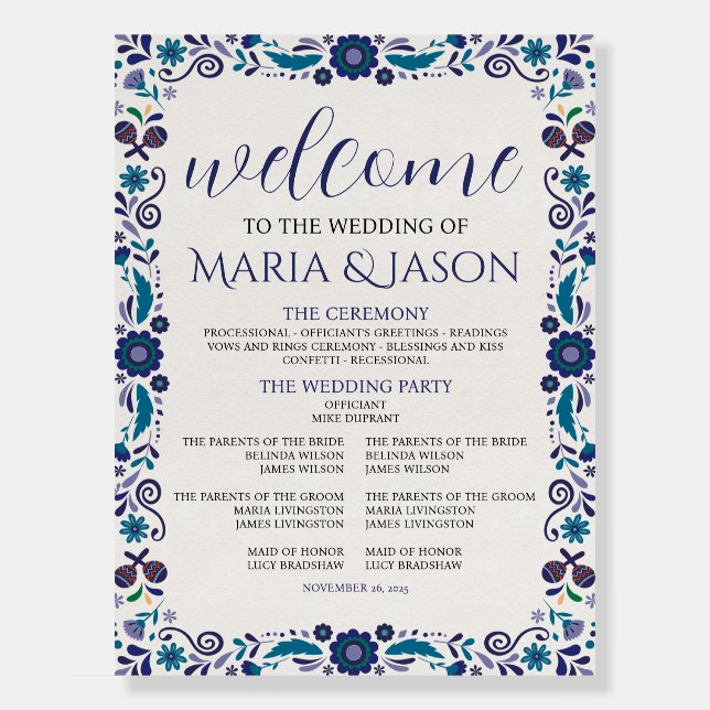 Mexican Navy White Floral Elegant Wedding Program Foam Board (Front)