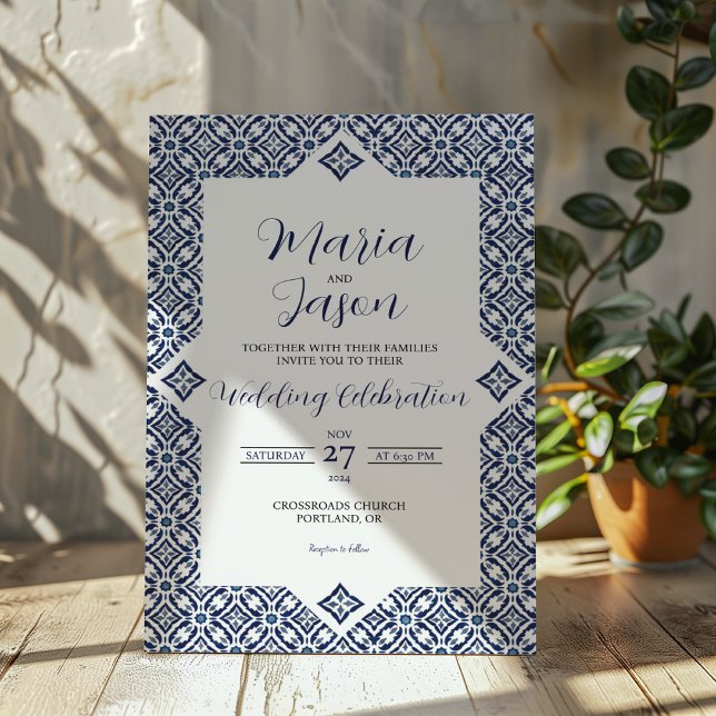 Mexican Navy White Talavera Formal Elegant Wedding Invitation (Mexican Navy White Talavera Formal Elegant Wedding Invitation)