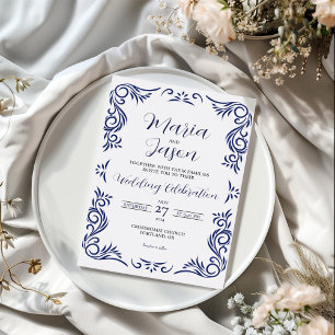 Mexican Navy White Vintage Formal Elegant Wedding Invitation
