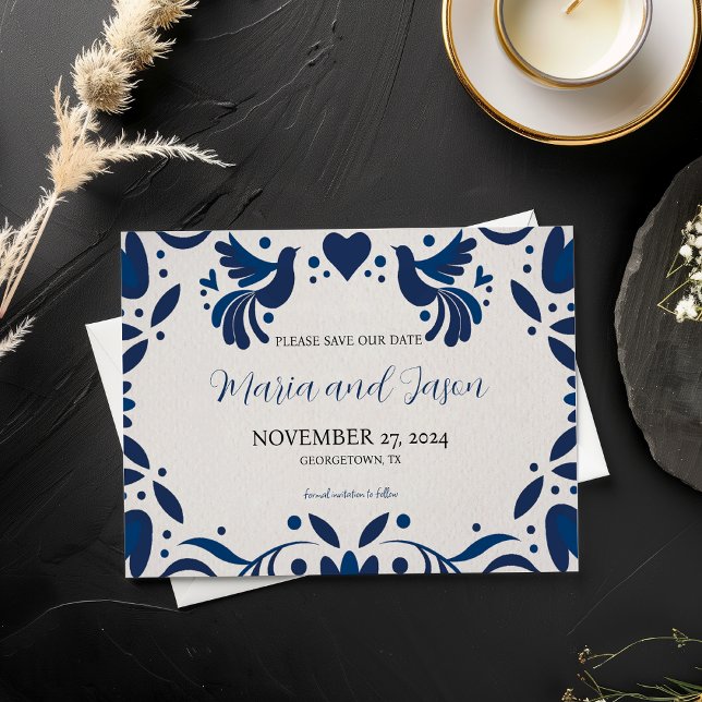 Mexican Otomi Blue Floral Elegant Fiesta Wedding Save The Date (Mexican Otomi Blue Floral Elegant Fiesta Wedding Save The Date)