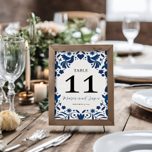 Mexican Otomi Blue Floral Elegant Fiesta Wedding Table Number