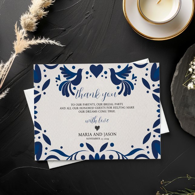 Mexican Otomi Blue Floral Elegant Fiesta Wedding Thank You Card (Mexican Otomi Blue Floral Elegant Fiesta Wedding Thank You Card)