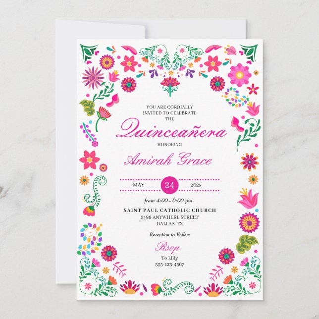 Mexican Otomi Embroidery Quinceañera Invitation (Front)