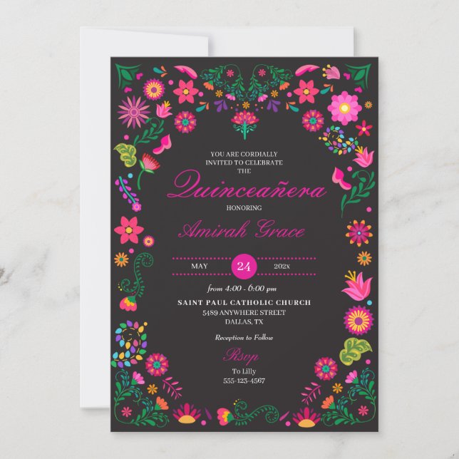 Mexican Otomi Embroidery Quinceañera Invitation (Front)