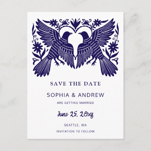 Mexican Otomi Folk Art Blue Save The Date Announcement Postcard
