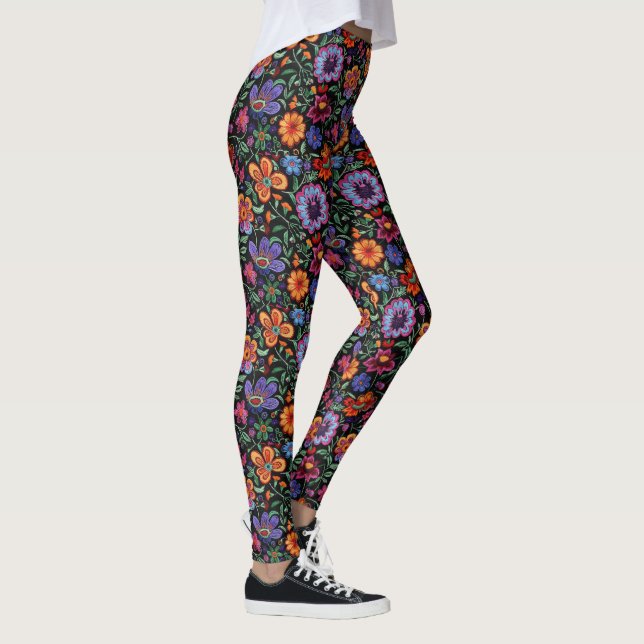 Mexican Otomi Folk Floral Colorful Leggings (Right)