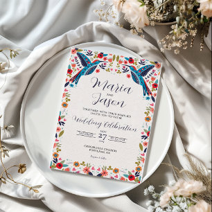 Mexican Otomi Tenangos Colorful Floral Wedding Invitation