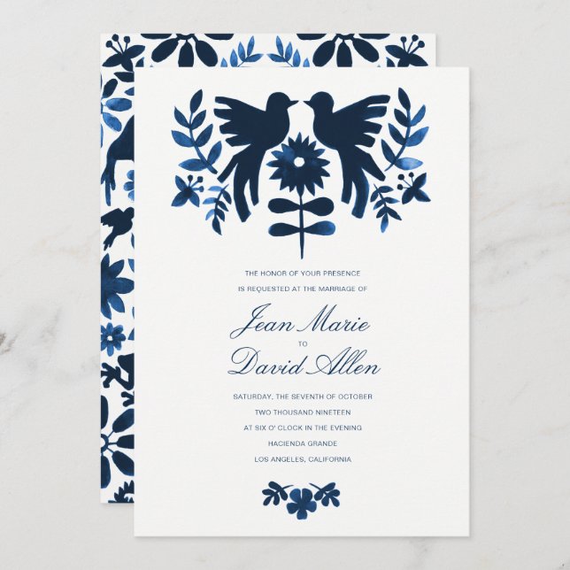 Mexican Otomi Wedding Invitation - Navy (Front/Back)