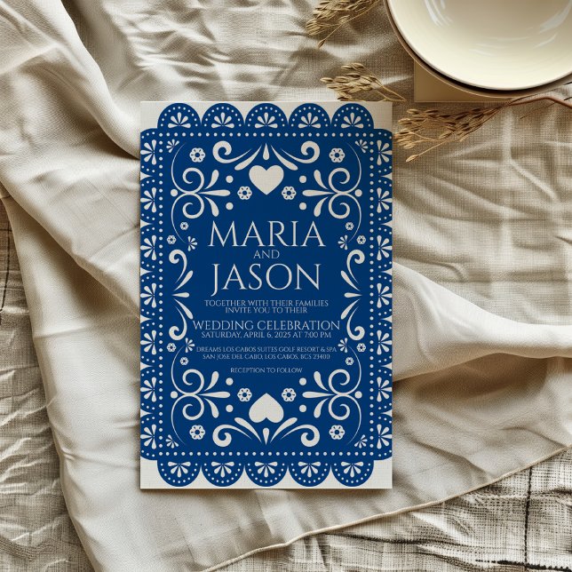 Mexican Papel Picado Blue White Folk Art Wedding Invitation (Mexican Papel Picado Blue White Folk Art Wedding Invitation)