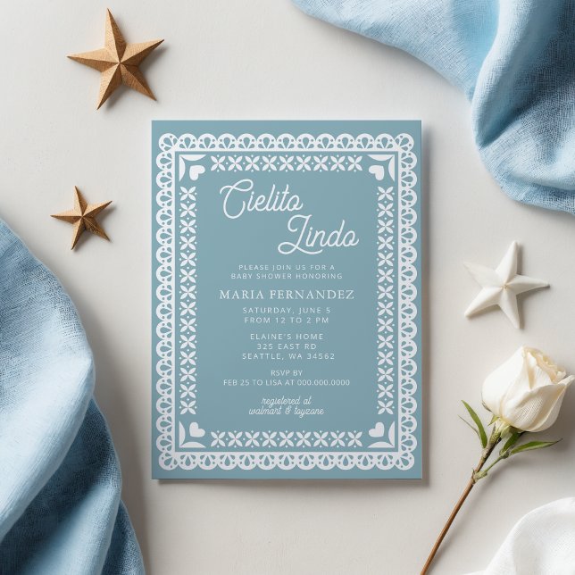 Mexican Papel Picado Cielito Lindo Baby Shower Invitation (Blue Mexican Papel Picado Cielito Lindo Baby Shower Invitation)