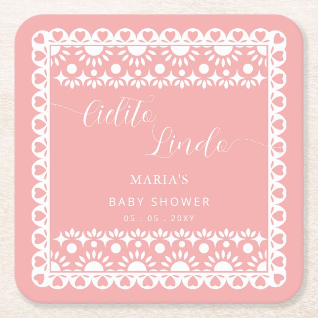 Mexican Papel Picado Cielito Lindo Baby Shower Square Paper Coaster (Front)