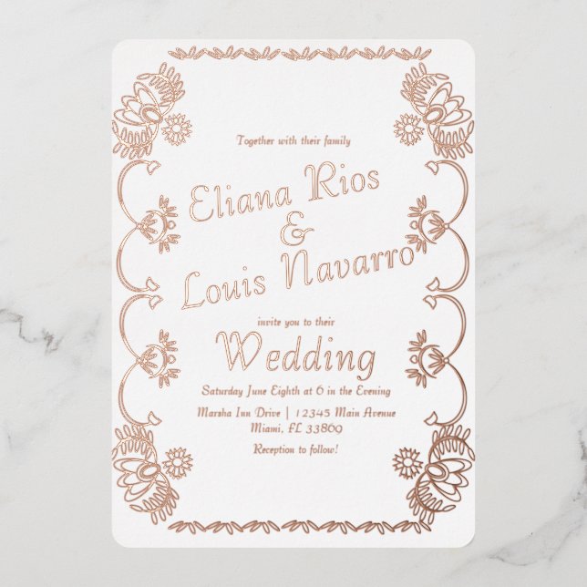 Mexican Papel Picado Folk Wedding Pressed  Foil Invitation (Front)
