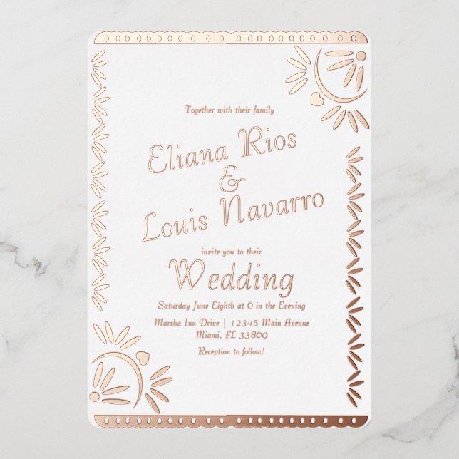 Mexican Papel Picado Gold Wedding Pressed Foil Inv Invitation (Front)