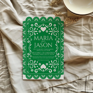 Mexican Papel Picado Green White Folk Art Wedding Invitation