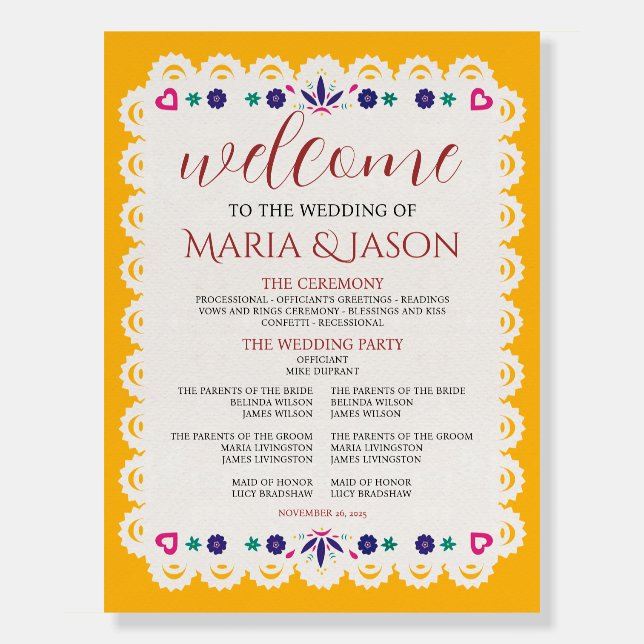 Mexican Papel Picado Yellow Boda Wedding Program Foam Board (Front)