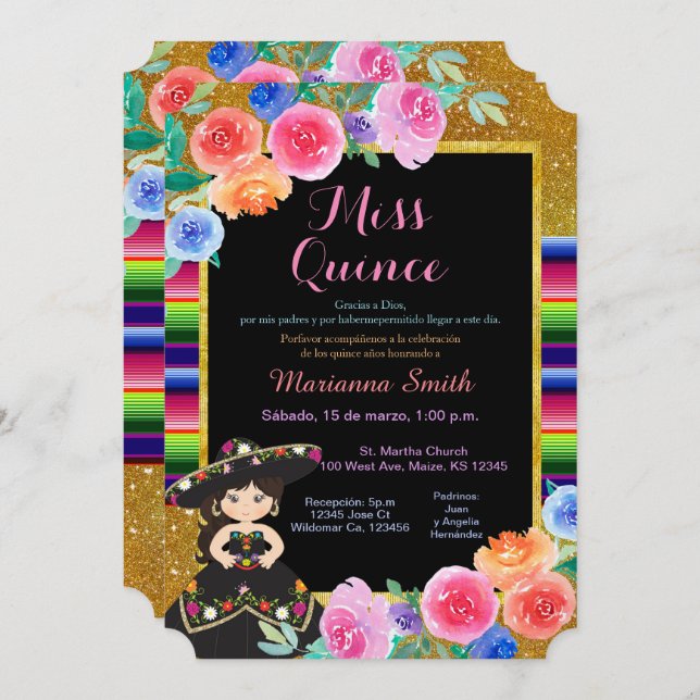 Mexican Party Gold Black Dress Quinceañera  Invitation (Front/Back)
