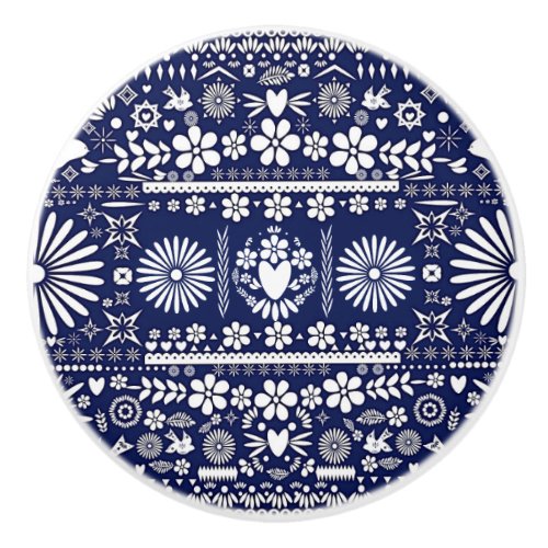 Mexican Picado Blue Navy Cut Papel Paper Spanish Ceramic Knob