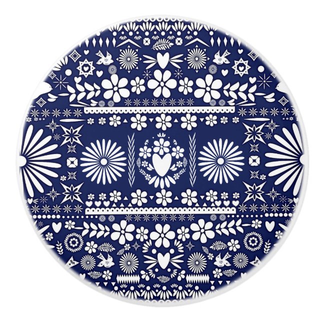Mexican Picado Blue Navy Cut Papel Paper Spanish Ceramic Knob (Front)