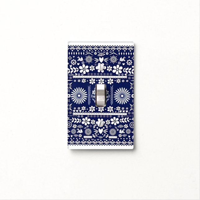 Mexican Picado Blue Navy Cut Papel Paper Spanish Light Switch Cover (In Situ)
