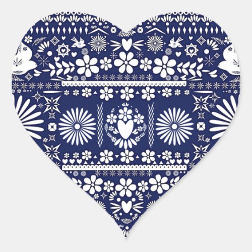 Mexican Picado Blue White Paper Wedding Marriage Heart Sticker