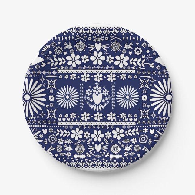 Mexican Picado Blue White Paper Wedding Marriage Plates (Front)