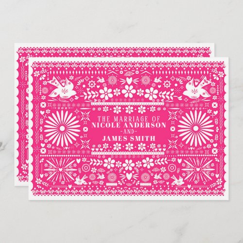 Mexican Picado Bright Hot Pink Wedding Marriage Invitation