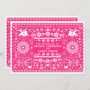 Mexican Picado Bright Hot Pink Wedding Marriage Invitation