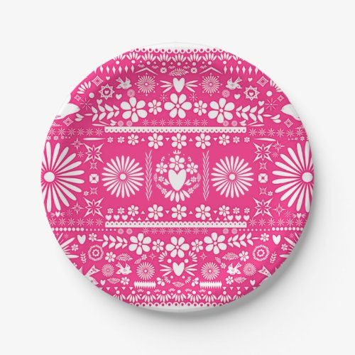 Mexican Picado Bright Hot Pink Wedding Marriage Paper Plates