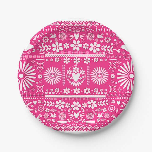 Mexican Picado Bright Hot Pink Wedding Marriage Paper Plates (Front)