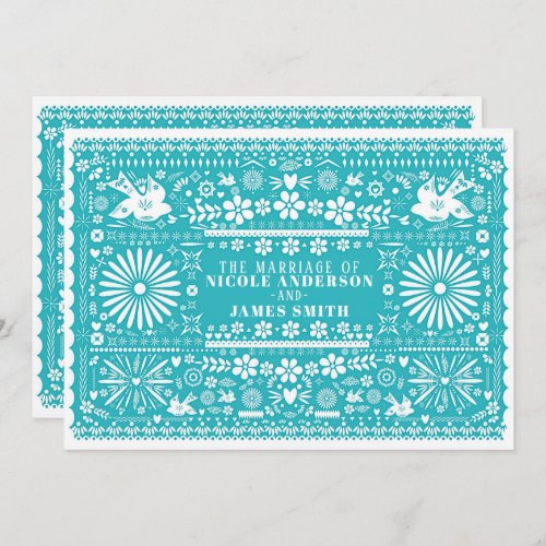 Mexican Picado Cut Turquoise Teal Wedding Marriage Invitation