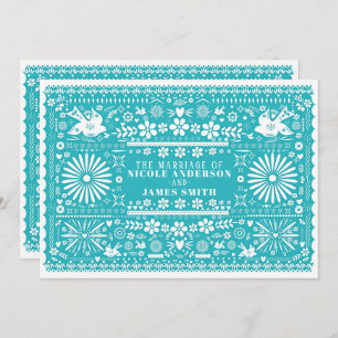Mexican Picado Cut Turquoise Teal Wedding Marriage Invitation