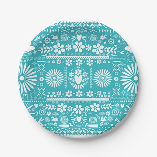 Mexican Picado Cut Turquoise Teal Wedding Marriage Paper Plates