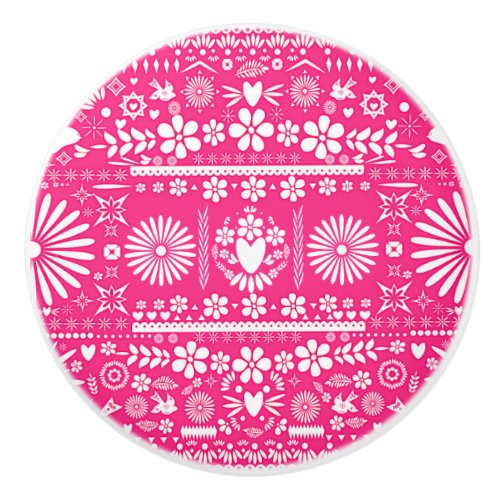 Mexican Picado Hot Pink White Paper Spanish Ceramic Knob