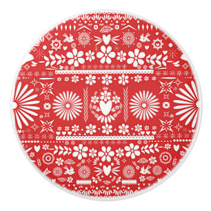 Mexican Picado Red & White Cut Papel Paper Spanish Ceramic Knob