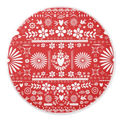 Mexican Picado Red  White Cut Papel Paper Spanish Ceramic Knob