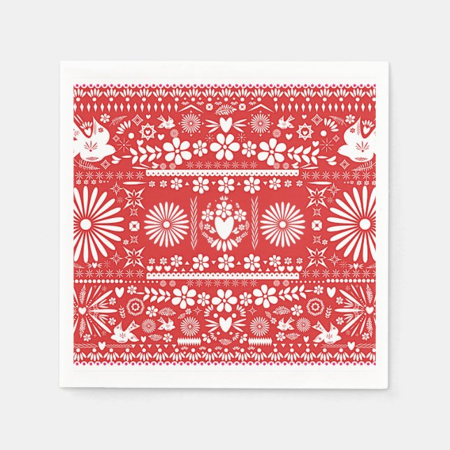 Mexican Picado Red & White Paper Wedding Marriage Paper Napkins (Front)