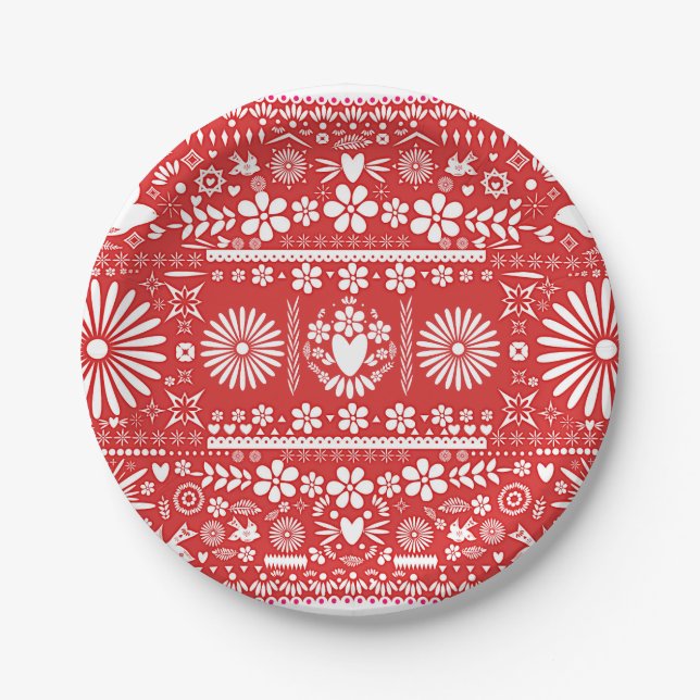 Mexican Picado Red & White Paper Wedding Marriage Paper Plates (Front)
