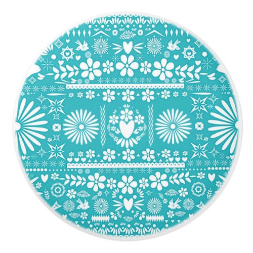 Mexican Picado Turquoise Teal White Paper Spanish Ceramic Knob