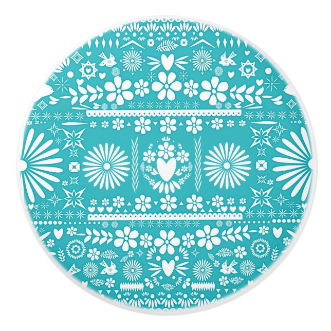 Mexican Picado Turquoise Teal White Paper Spanish Ceramic Knob (Front)