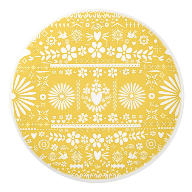 Mexican Picado Yellow Cut Papel Paper Spanish Ceramic Knob (Front)