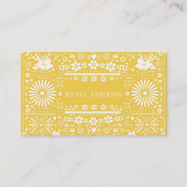 Mexican Picado Yellow White Cut Paper Papel Business Card (Front)