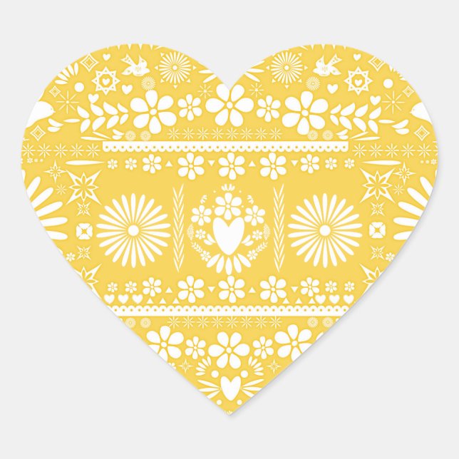 Mexican Picado Yellow White Paper Wedding Marriage Heart Sticker (Front)
