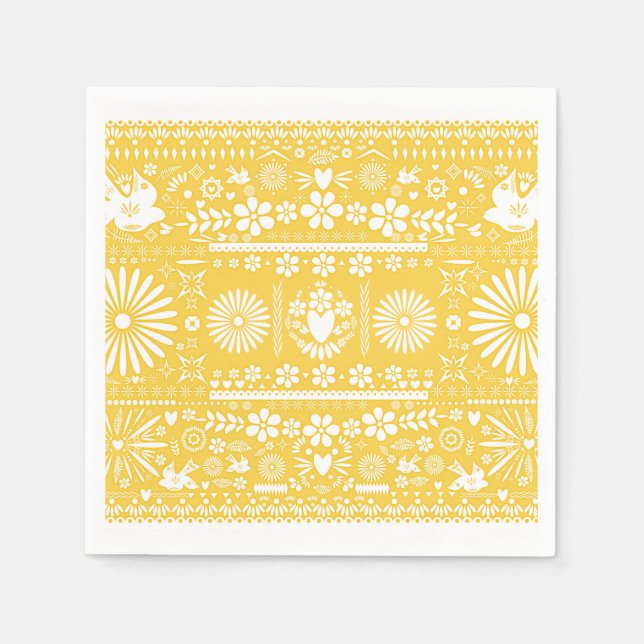 Mexican Picado Yellow White Paper Wedding Marriage Paper Napkins (Front)