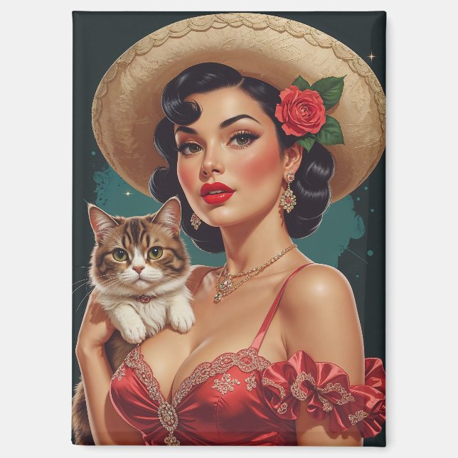 Mexican Pin-Up holding Cute Cat Magnet (Front)
